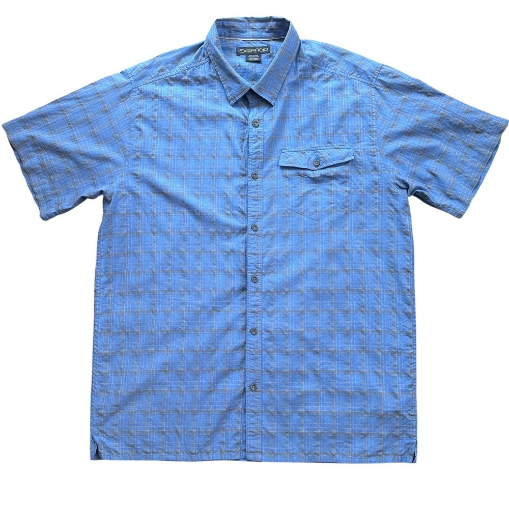 ExOfficio Plaid Short Sleeve Button‎ Up Mens 2XL Blue Excellent Outdoor Shirt